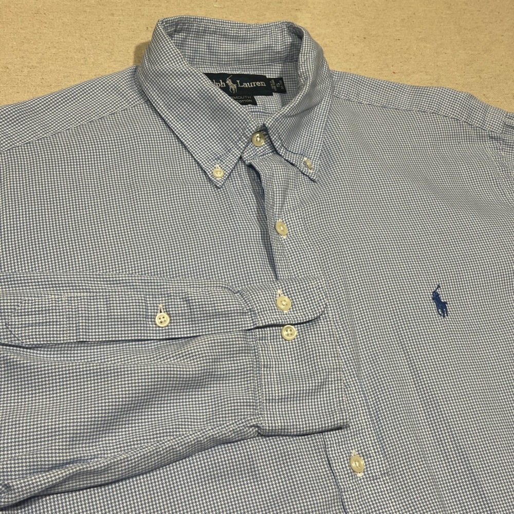 Ralph Lauren‎ Yarmouth Mens Button Down Shirt Blue Houndstooth Cotton 15 32/33